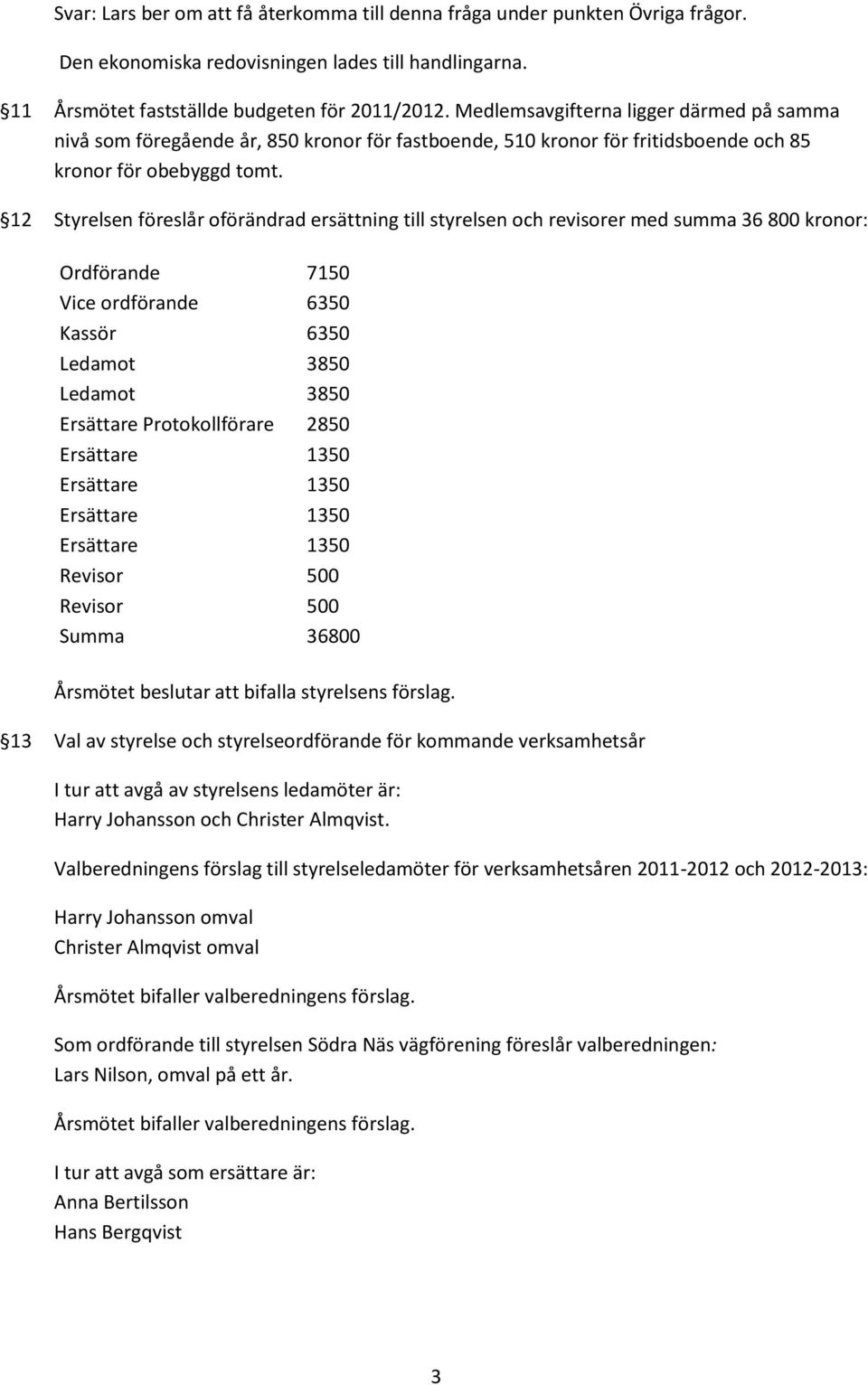 12 Styrelsen föreslår oförändrad ersättning till styrelsen och revisorer med summa 36 800 kronor: Ordförande 7150 Vice ordförande 6350 Kassör 6350 Ledamot 3850 Ledamot 3850 Ersättare Protokollförare