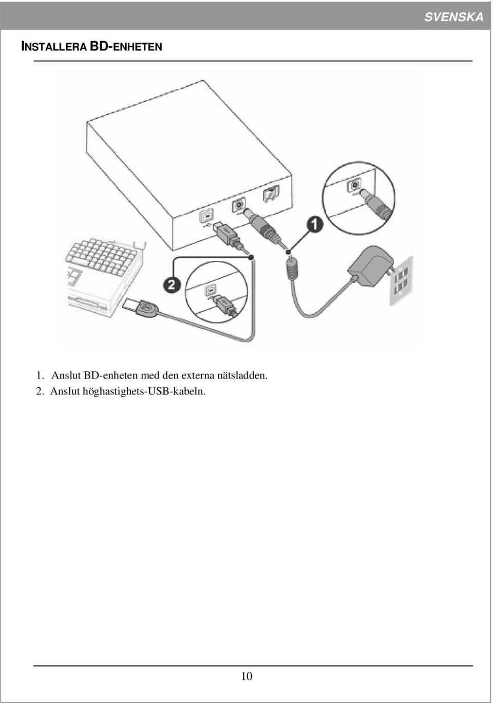 externa nätsladden. 2.