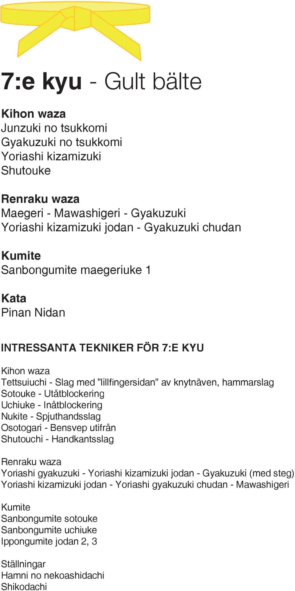 Inåtblockering Nukite - Spjuthandsslag Osotogari - Bensvep utifrån Shutouchi - Handkantsslag Yoriashi gyakuzuki - Yoriashi kizamizuki jodan - Gyakuzuki (med steg)