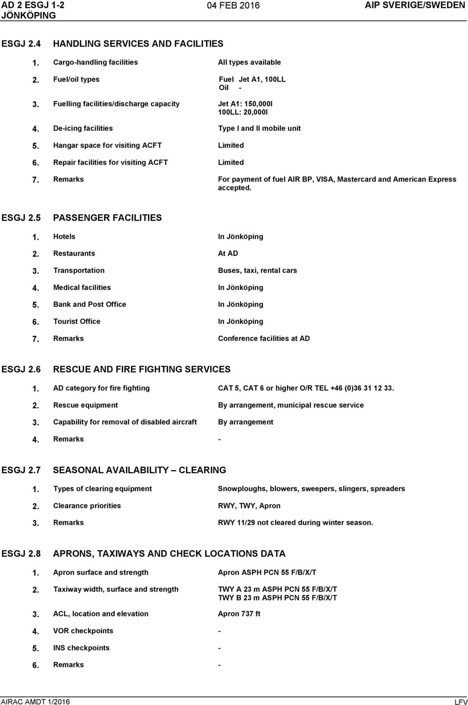 Repair facilities for visiting ACFT Limited 7. Remarks For payment of fuel AIR BP, VISA, Mastercard and American Express accepted. ESGJ 2.5 PASSENGER FACILITIES 1. Hotels In Jönköping 2.