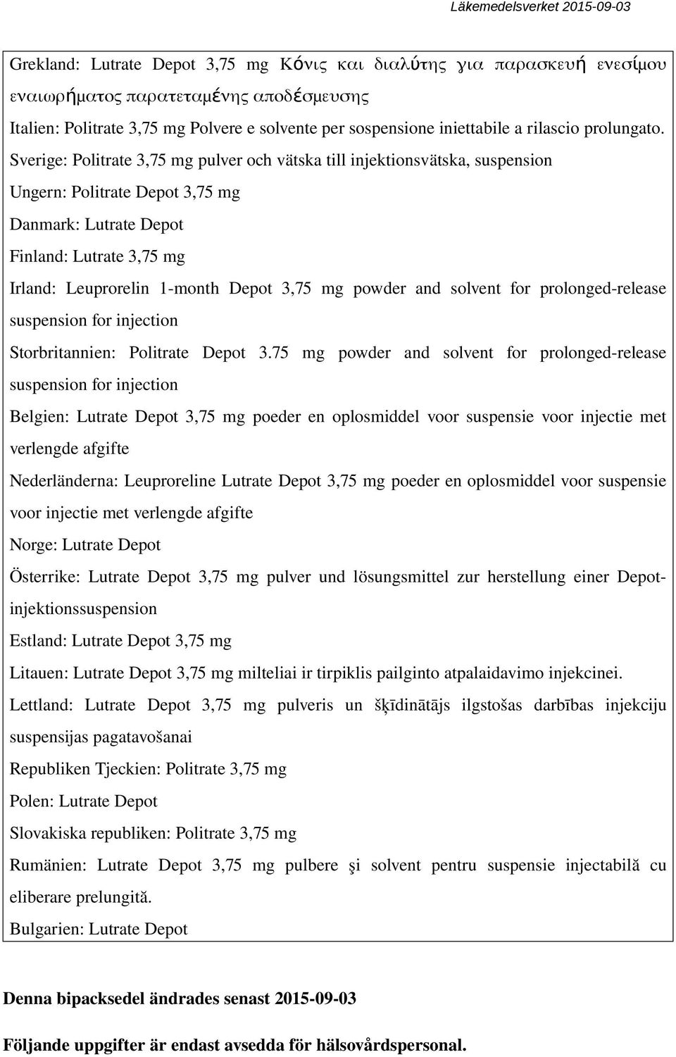 Sverige: Politrate 3,75 mg pulver och vätska till injektionsvätska, suspension Ungern: Politrate Depot 3,75 mg Danmark: Lutrate Depot Finland: Lutrate 3,75 mg Irland: Leuprorelin 1 month Depot 3,75
