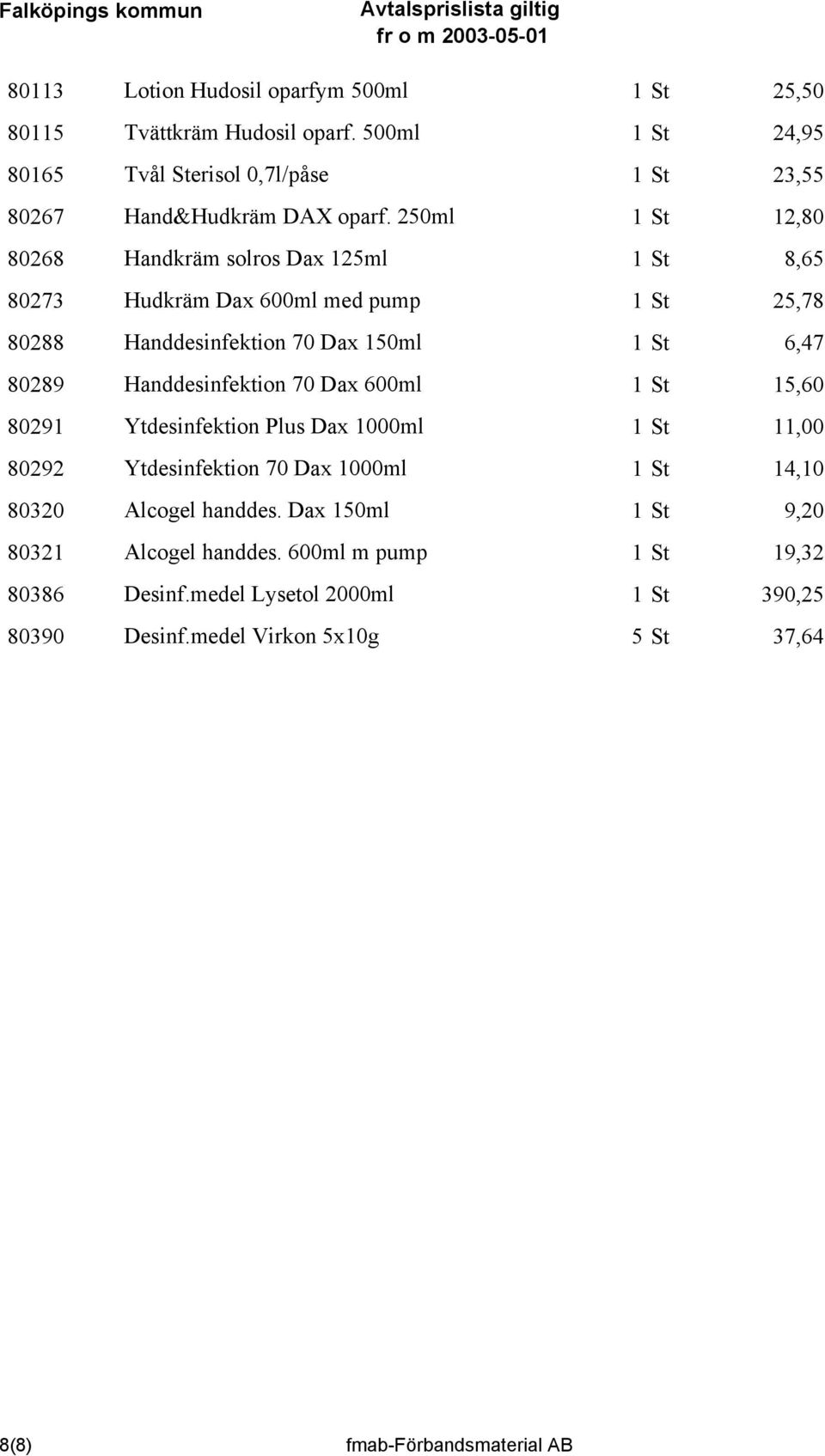 Handdesinfektion 70 Dax 600ml 1 St 15,60 80291 Ytdesinfektion Plus Dax 1000ml 1 St 11,00 80292 Ytdesinfektion 70 Dax 1000ml 1 St 14,10 80320 Alcogel handdes.