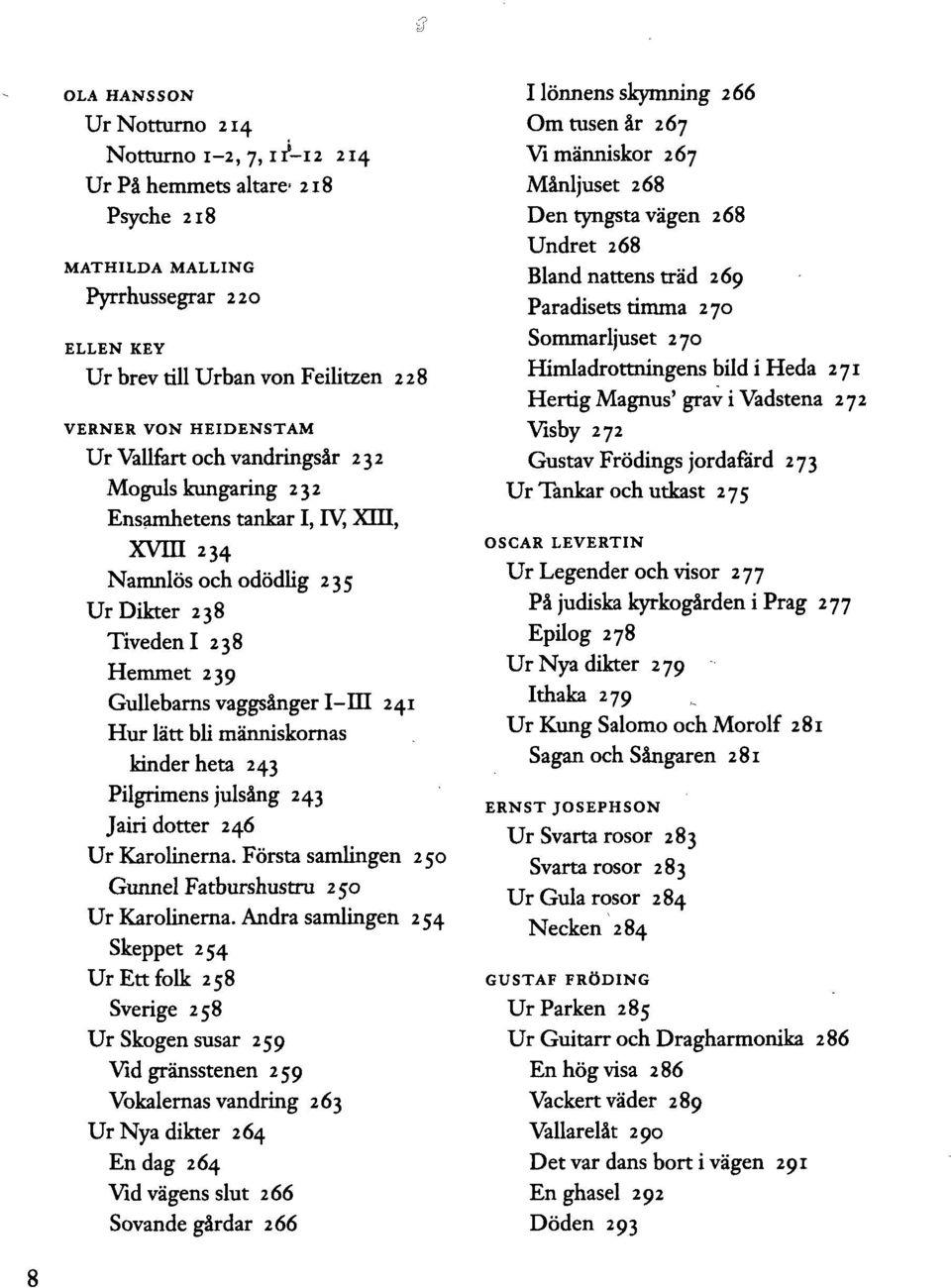 människornas kinder heta 243 Pilgrimens julsång 243 Jairi dotter 246 Ur Karolinerna. Första samlingen 2 50 Gunnel Fatburshustru 250 Ur Karolinerna.