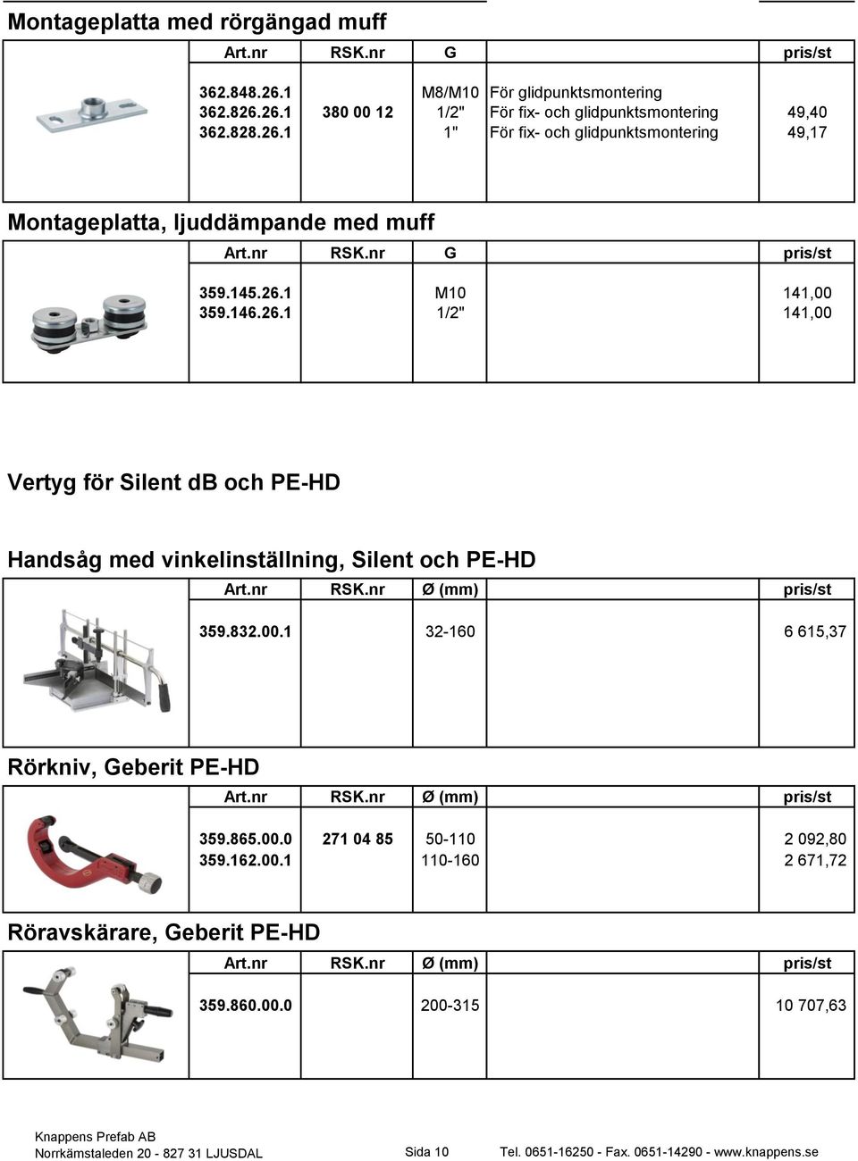 832.00.1 32-160 6 615,37 Rörkniv, Geberit PE-HD 359.865.00.0 271 04 85 50-110 2 092,80 359.162.00.1 110-160 2 671,72 Röravskärare, Geberit PE-HD 359.860.00.0 200-315 10 707,63 Norrkämstaleden 20-827 31 LJUSDAL Sida 10 Tel.