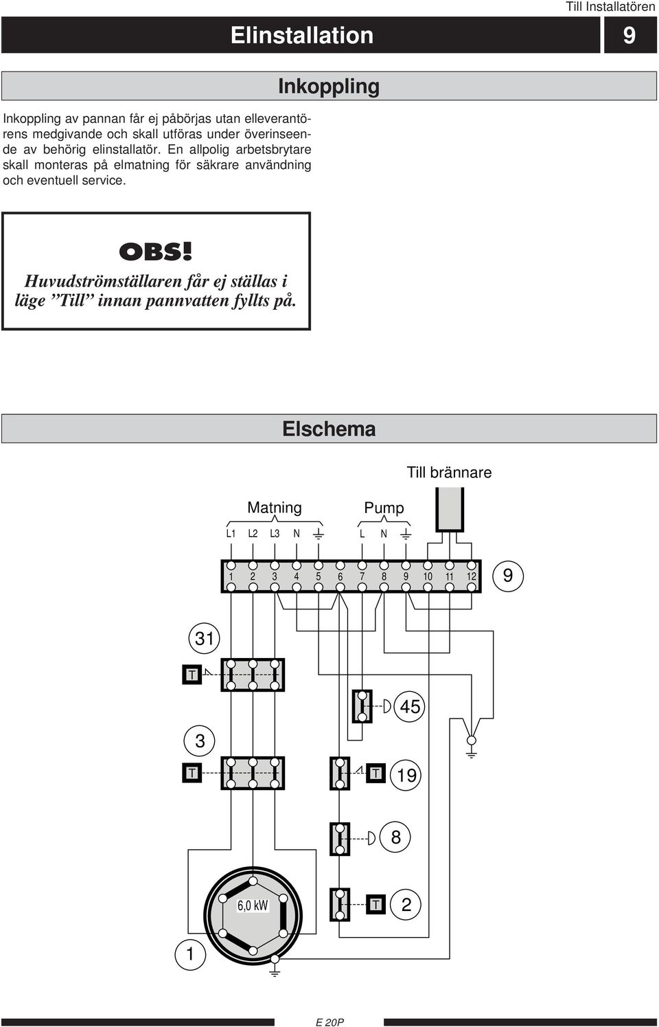 Till Installatören Elinstallation 9 Inkoppling OBS!