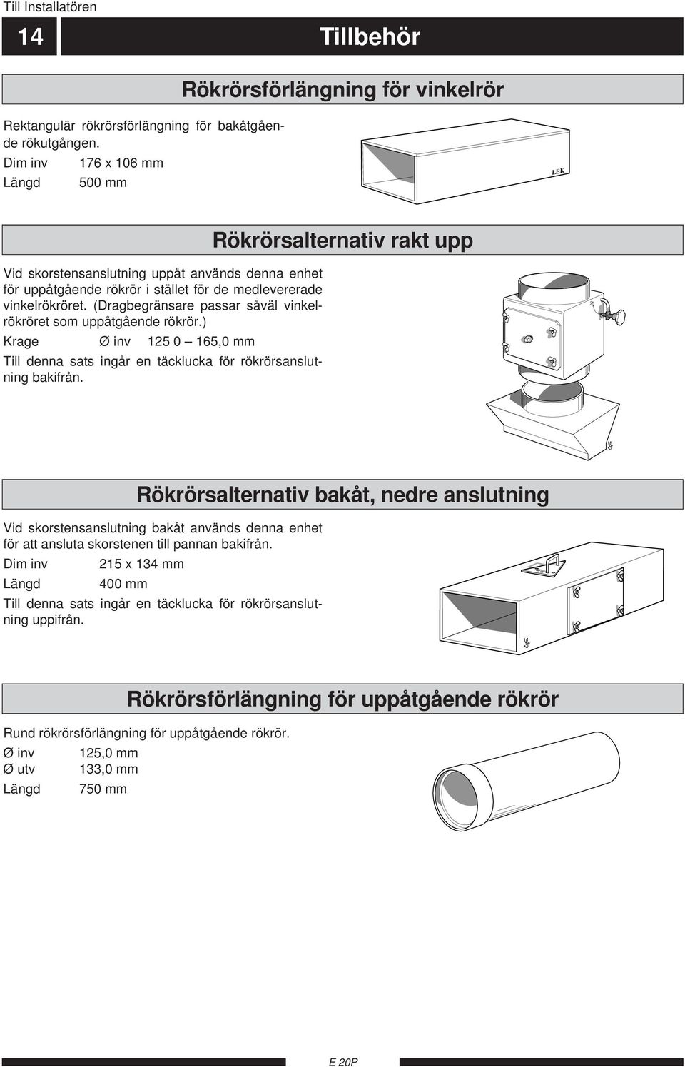 (Dragbegränsare passar såväl vinkelrökröret som uppåtgående rökrör.) Krage Ø inv 125 0 165,0 mm Till denna sats ingår en täcklucka för rökrörsanslutning bakifrån.