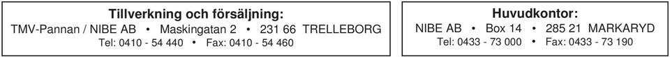 440 Fax: 0410-54 460 Huvudkontor: NIBE AB Box 14