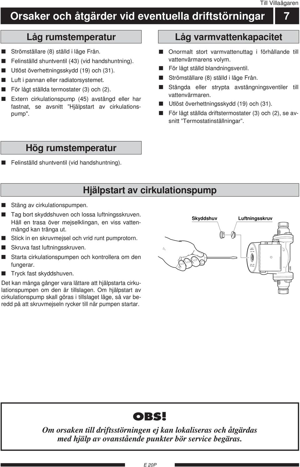 Extern cirkulationspump (45) avstängd eller har fastnat, se avsnitt Hjälpstart av cirkulationspump". Låg varmvattenkapacitet Onormalt stort varmvattenuttag i förhållande till vattenvärmarens volym.