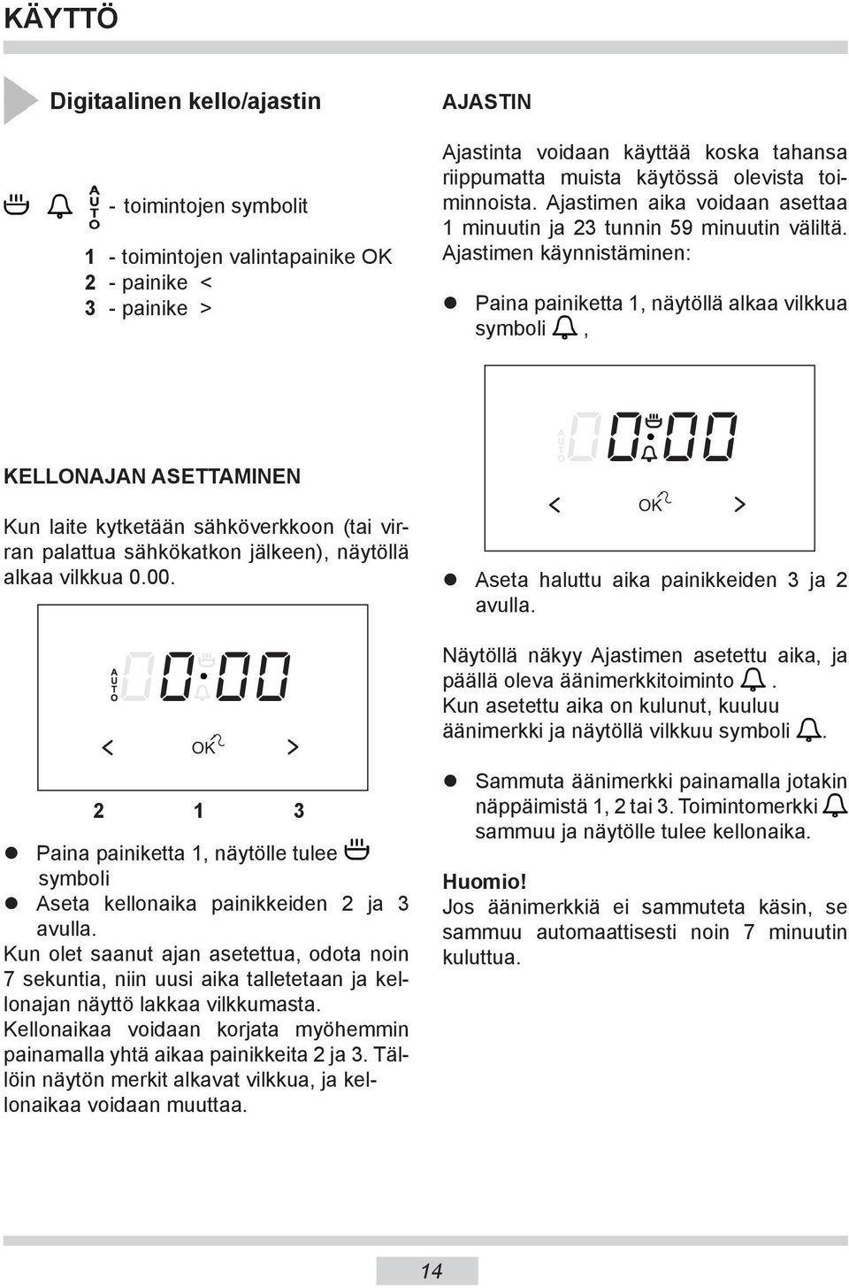 Ajastimen käynnistäminen: Paina painiketta 1, näytöllä alkaa vilkkua symboli, KELLONAJAN ASETTAMINEN Kun laite kytketään sähköverkkoon (tai virran palattua sähkökatkon jälkeen), näytöllä alkaa