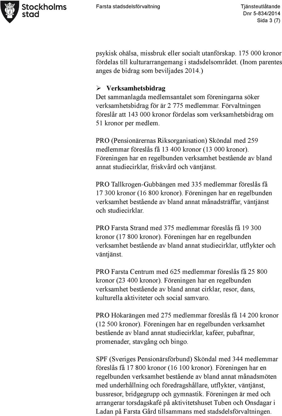 Förvaltningen föreslår att 143 000 kronor fördelas som verksamhetsbidrag om 51 kronor per medlem.