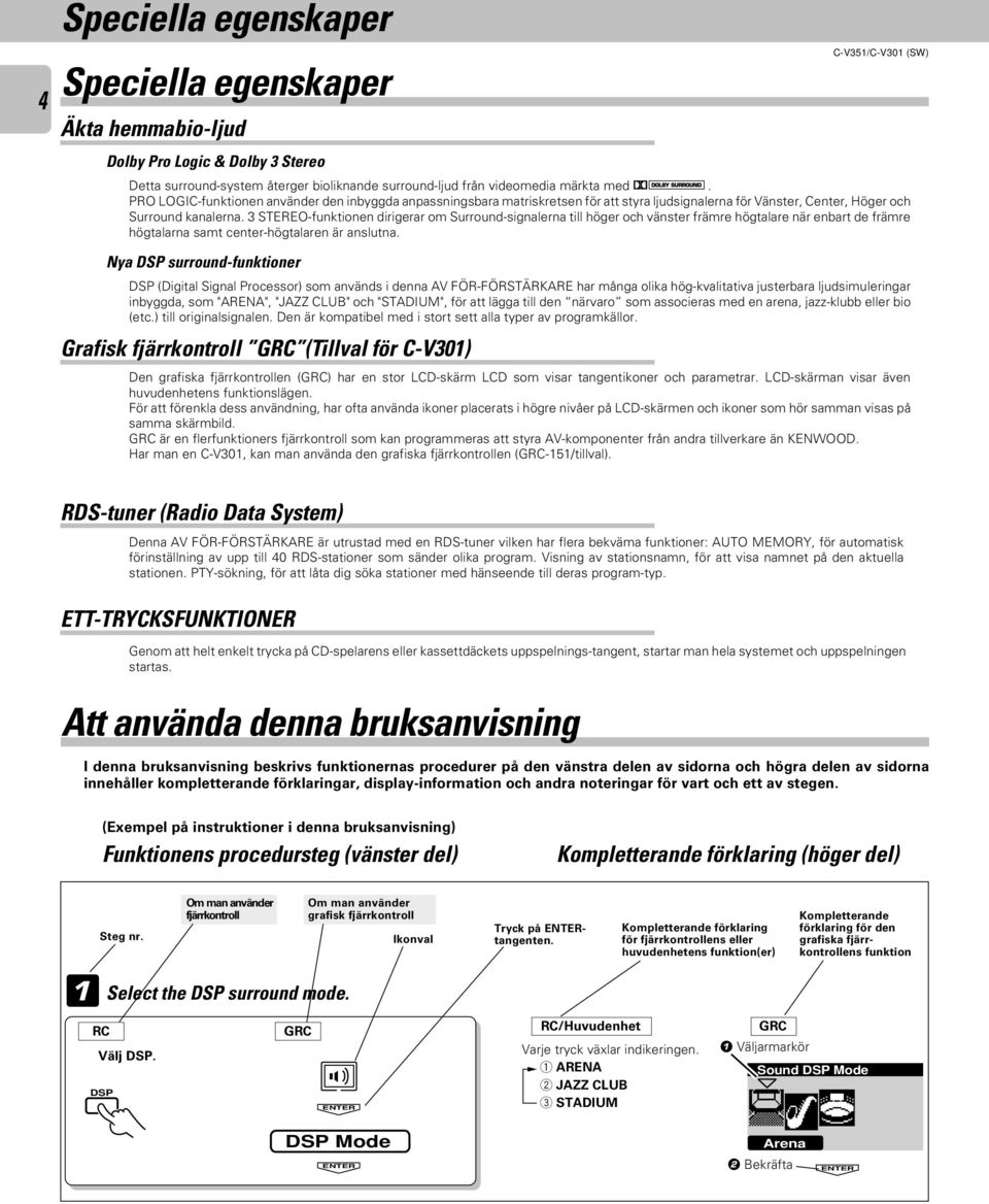 3 STEREO-funktionen dirigerar om Surround-signalerna till höger och vänster främre högtalare när enbart de främre högtalarna samt center-högtalaren är anslutna.