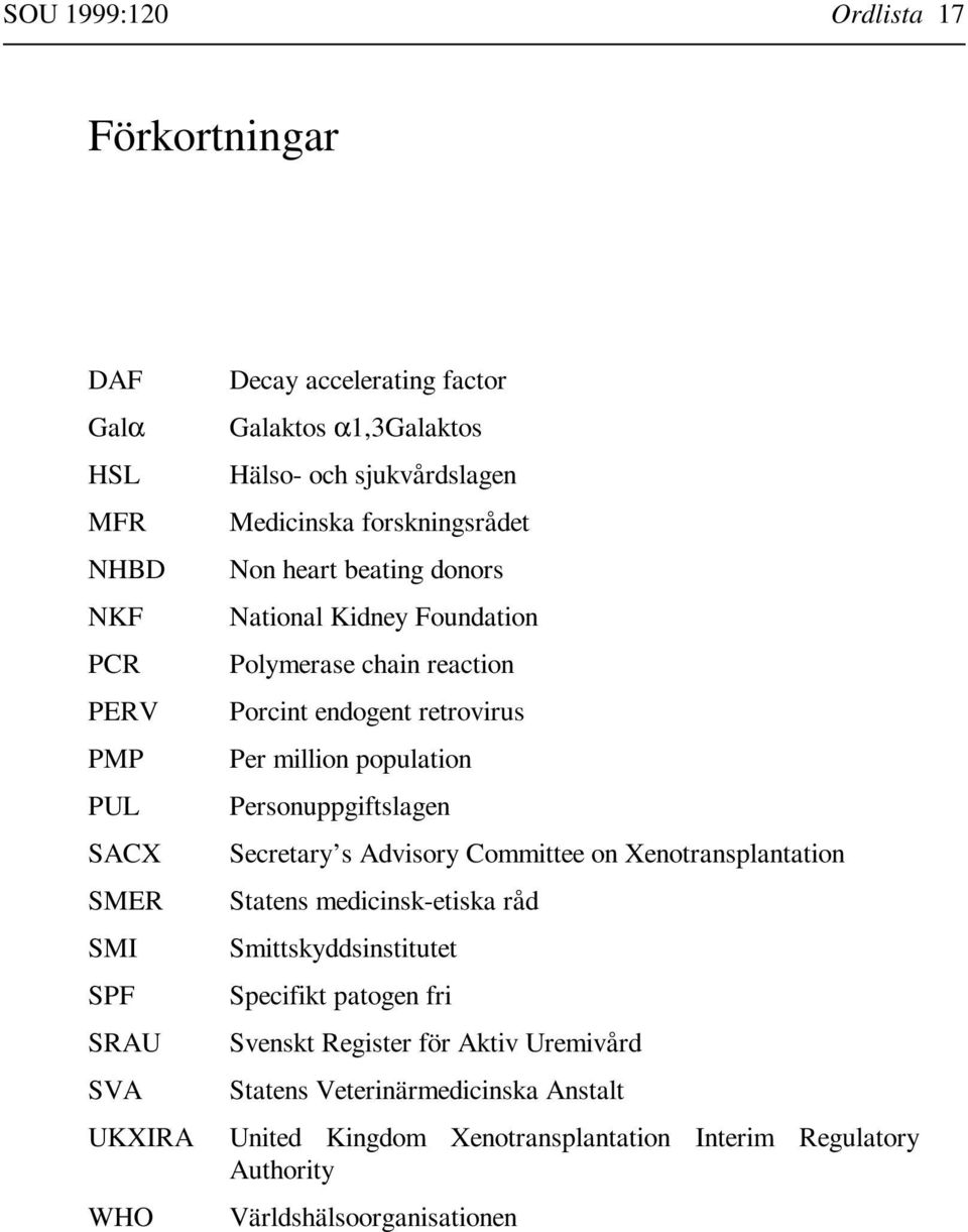 Personuppgiftslagen SACX Secretary s Advisory Committee on Xenotransplantation SMER Statens medicinsk-etiska råd SMI Smittskyddsinstitutet SPF Specifikt patogen fri