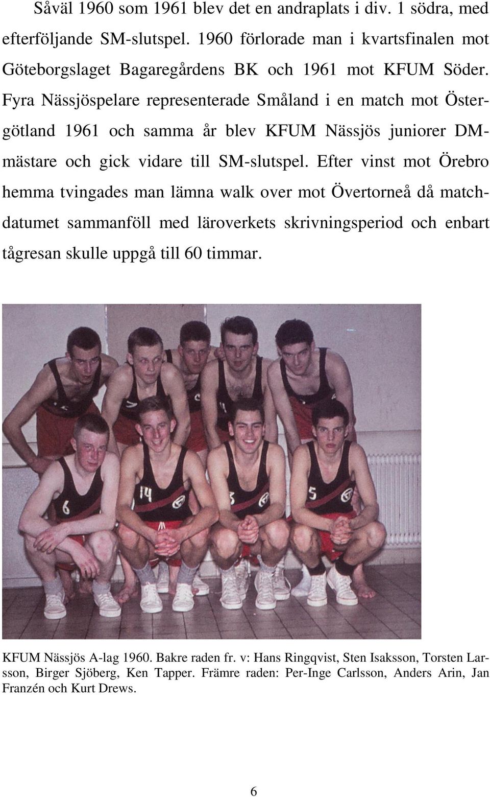 Fyra Nässjöspelare representerade Småland i en match mot Östergötland 1961 och samma år blev KFUM Nässjös juniorer DMmästare och gick vidare till SM-slutspel.