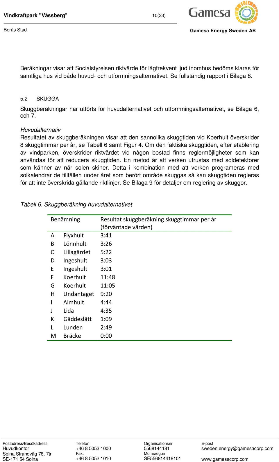 Huvudalternativ Resultatet av skuggberäkningen visar att den sannolika skuggtiden vid Koerhult överskrider 8 skuggtimmar per år, se Tabell samt Figur.