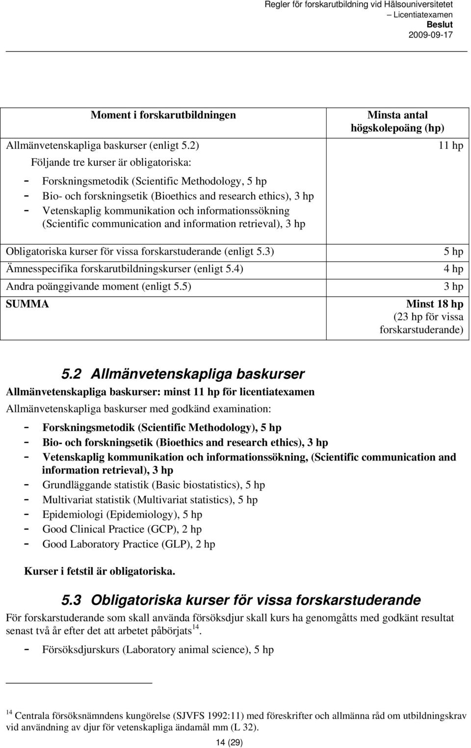 informationssökning (Scientific communication and information retrieval), 3 hp Obligatoriska kurser för vissa forskarstuderande (enligt 5.3) Ämnesspecifika forskarutbildningskurser (enligt 5.