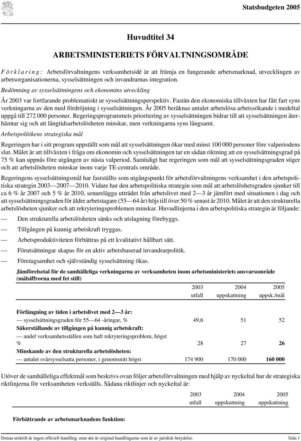 Fastän den ekonomiska tillväxten har fått fart syns verkningarna av den med fördröjning i sysselsättningen. År 2005 beräknas antalet arbetslösa arbetssökande i medeltal uppgå till 272 000 personer.