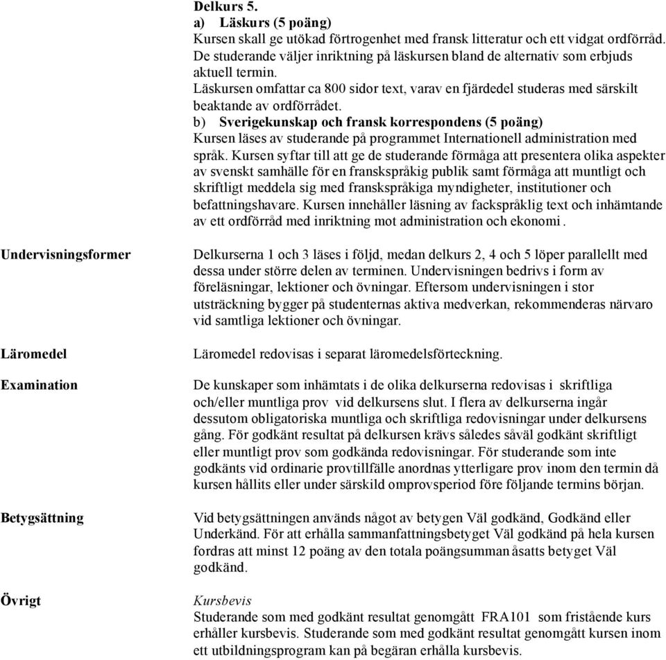 b) Sverigekunskap och fransk korrespondens (5 poäng) Kursen läses av studerande på programmet Internationell administration med språk.