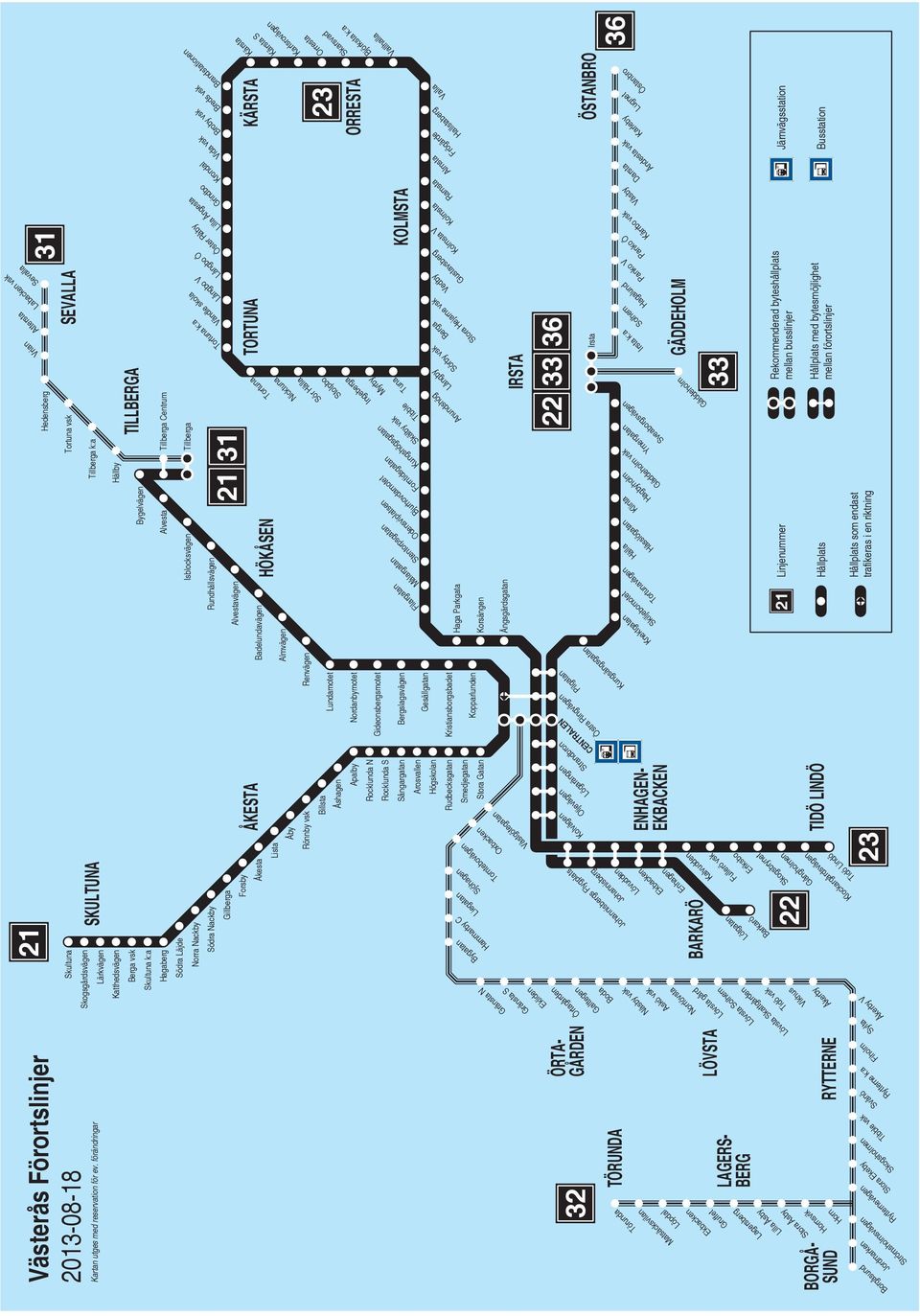 förändringar Linjenummer Rekommenderad byteshållplats mellan busslinjer Hållplats Hållplats med bytesmöjlighet mellan förortslinjer Hållplats som endast trafikeras i en riktning Järnvägsstation