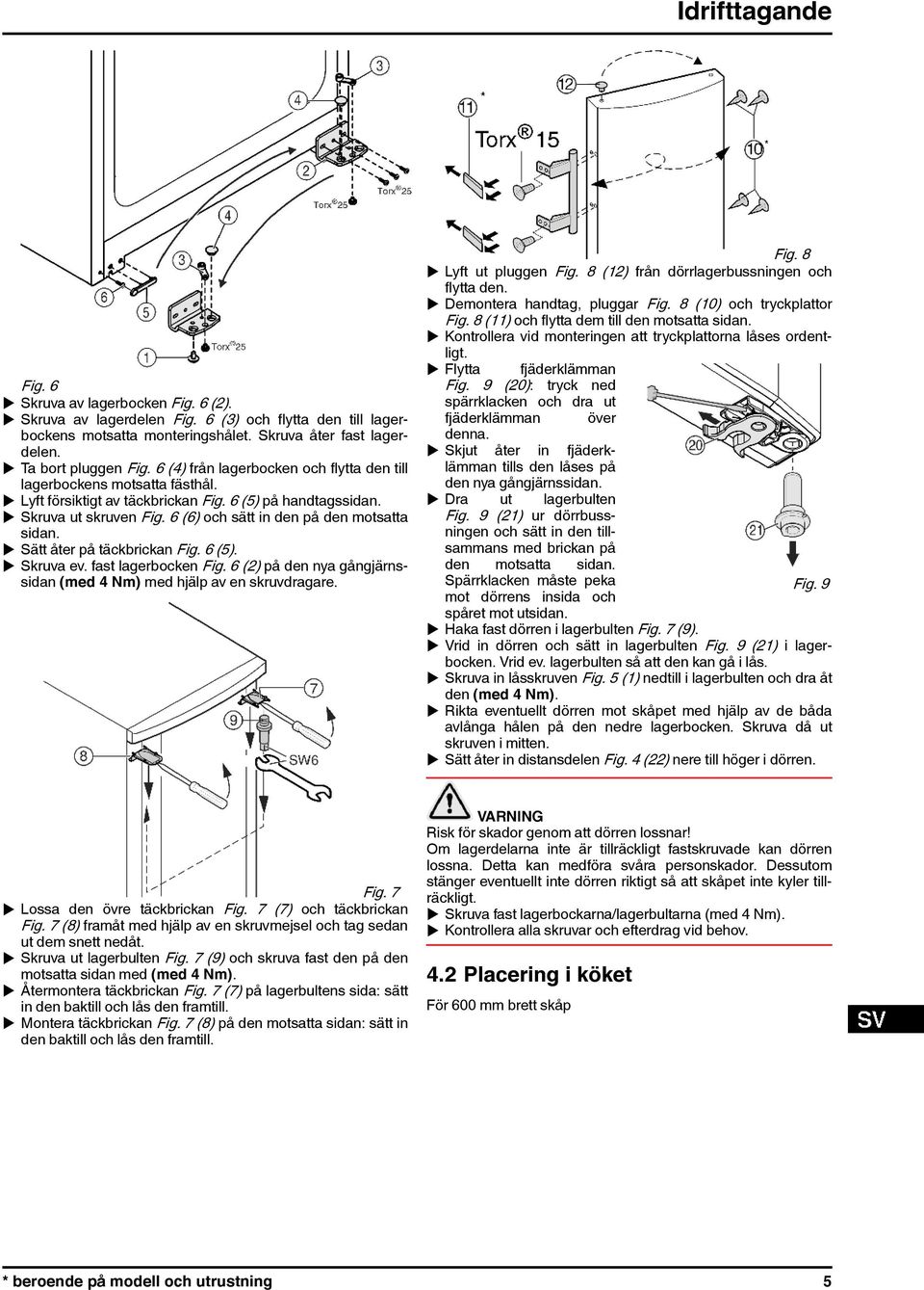 6 (6) och sätt in den på den motsatta sidan. u Sätt åter på täckbrickan Fig. 6 (5). u Skruva ev. fast lagerbocken Fig. 6 (2) på den nya gångjärnssidan (med 4 Nm) med hjälp av en skruvdragare. Fig. 8 u Lyft ut pluggen Fig.