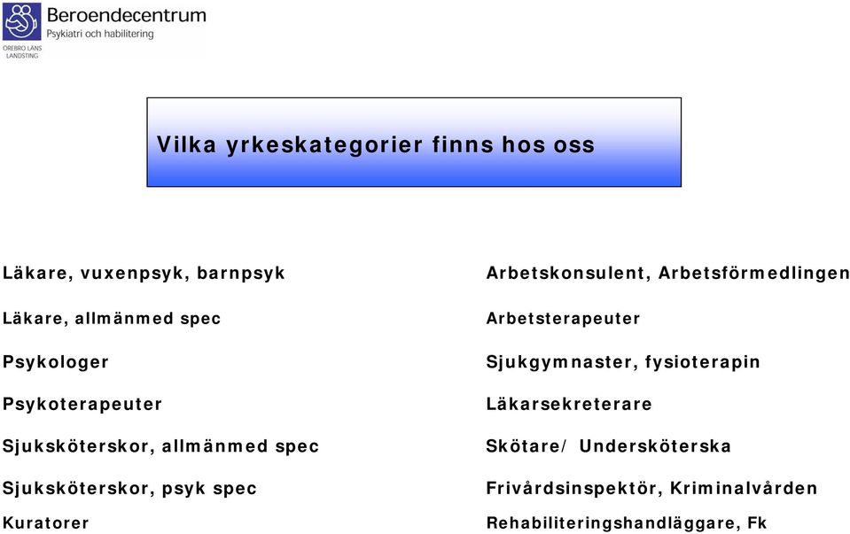 fysioterapin Psykoterapeuter Läkarsekreterare Sjuksköterskor, allmänmed spec Skötare/