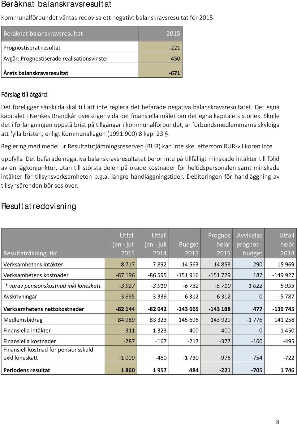 inte reglera det befarade negativa balanskravsresultatet. Det egna kapitalet i Nerikes Brandkår överstiger vida det finansiella målet om det egna kapitalets storlek.