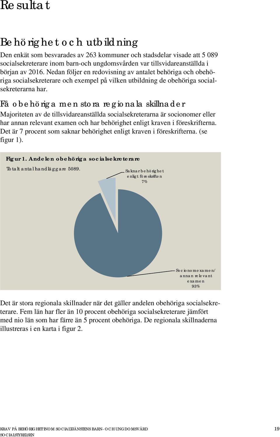 Få obehöriga men stora regionala skillnader Majoriteten av de tillsvidareanställda socialsekreterarna är socionomer eller har annan relevant examen och har behörighet enligt kraven i föreskrifterna.