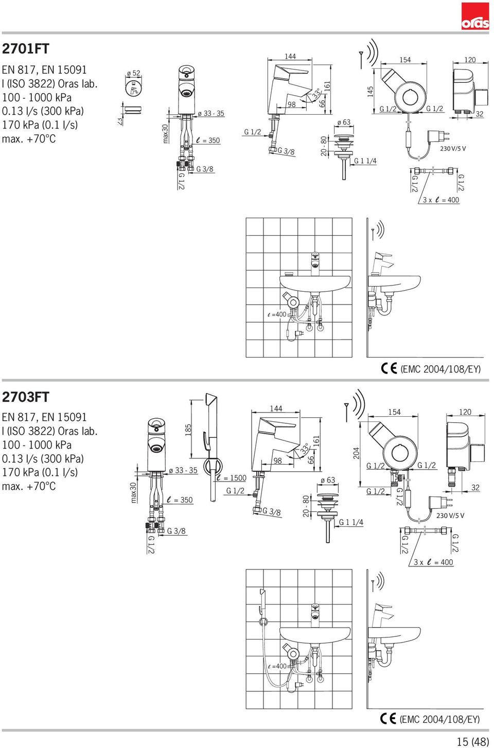 004/08/EY) 703FT EN 87, EN 509 I (ISO 38) Oras lab. 00-000 kpa 0.3 l/s (300 kpa) 70 kpa (0. l/s) max.