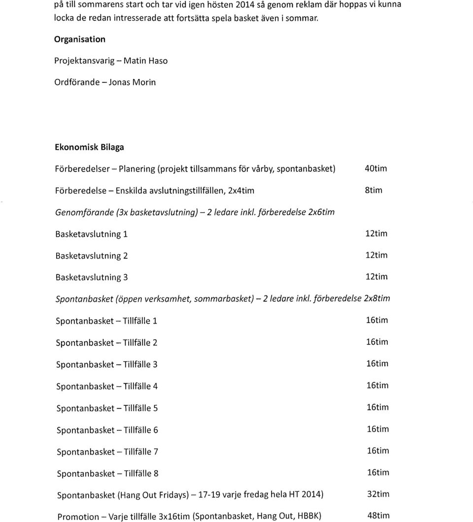 avslutningstillfällen, 2x4tim 40tim 8tim Genomförande (3x basketavslutning) - 2 ledare inkl.