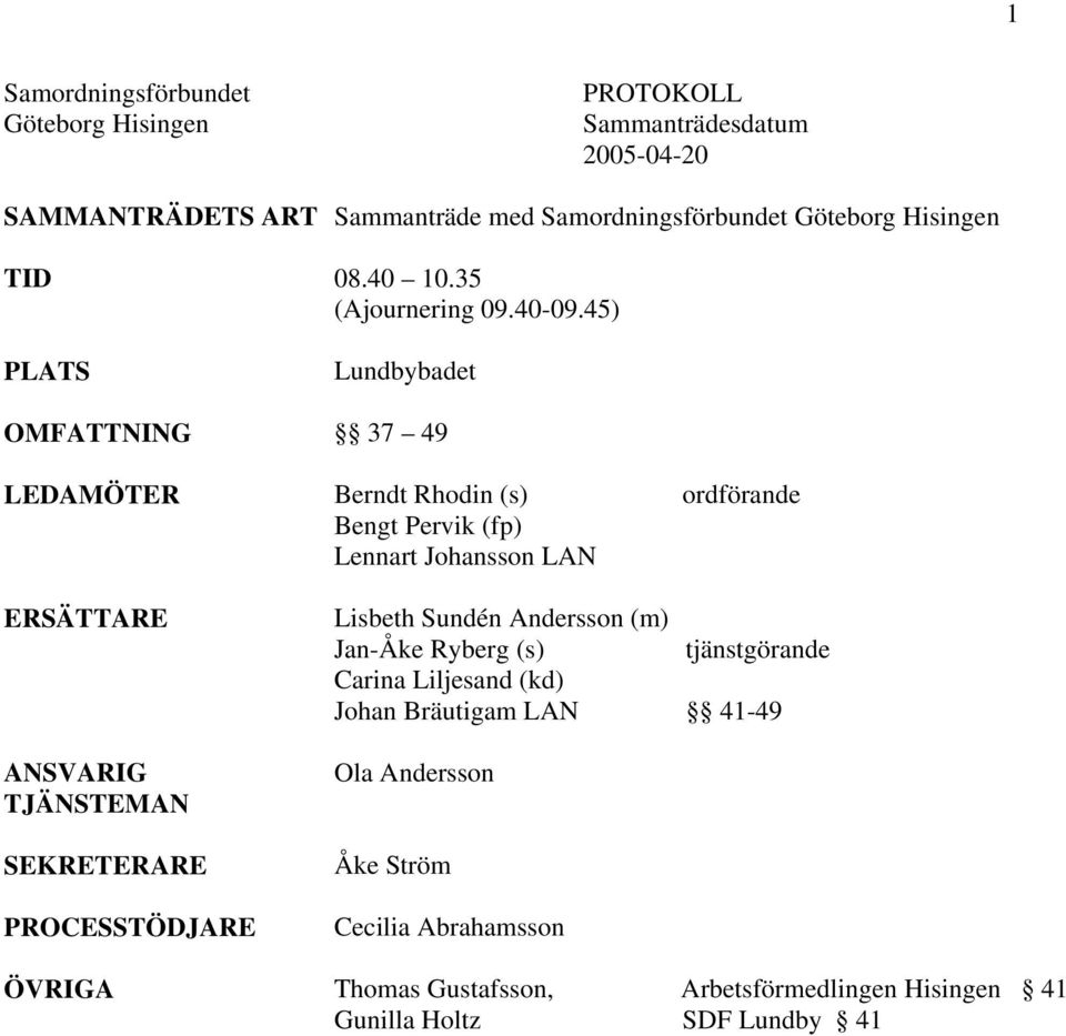 45) PLATS Lundbybadet OMFATTNING 37 49 LEDAMÖTER Berndt Rhodin (s) Bengt Pervik (fp) Lennart Johansson LAN ordförande ERSÄTTARE ANSVARIG TJÄNSTEMAN