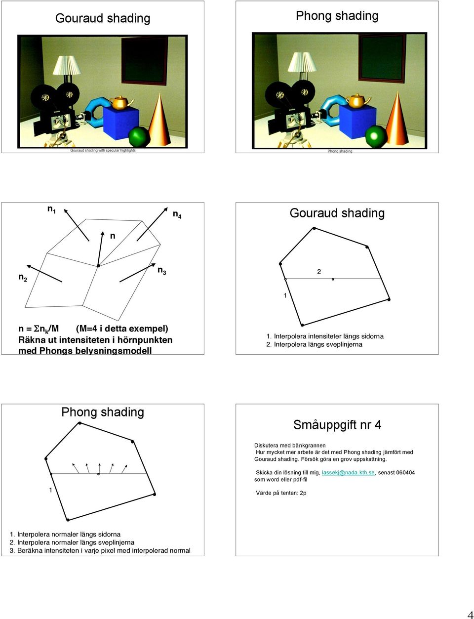 Interpolera längs sveplinjerna Småuppgift nr 4 Diskutera med bänkgrannen Hur mycket mer arbete är det med Phong shading jämfört med Gouraud shading.