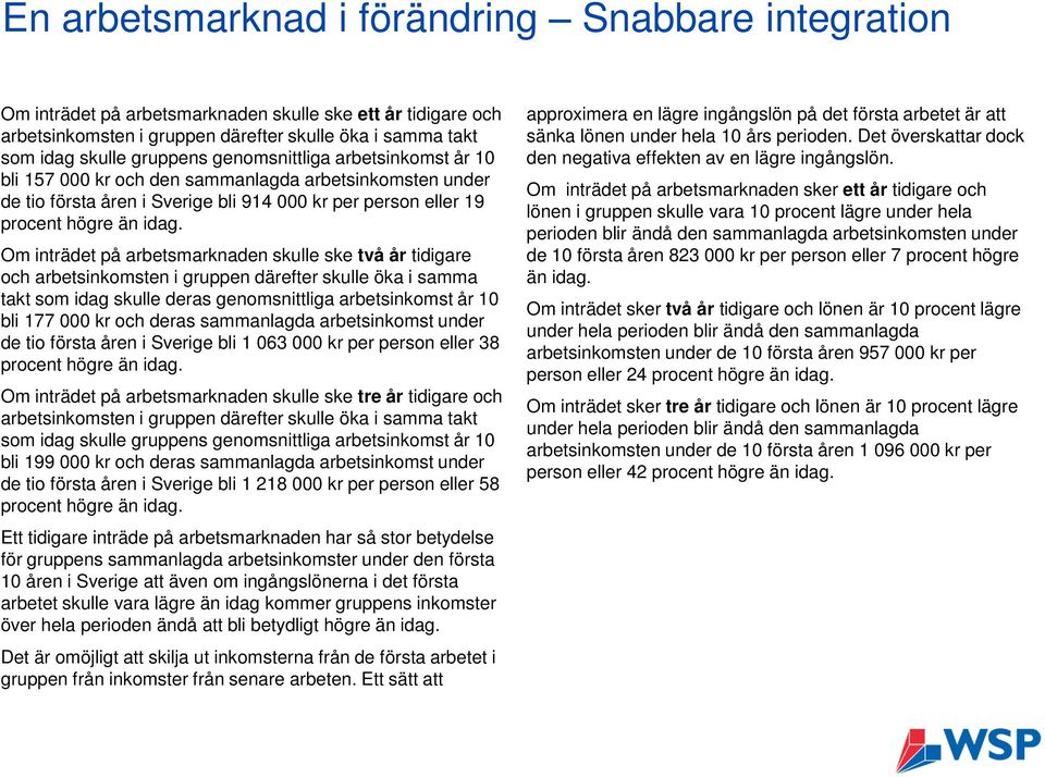 Om inträdet på arbetsmarknaden skulle ske två år tidigare och arbetsinkomsten i gruppen därefter skulle öka i samma takt som idag skulle deras genomsnittliga arbetsinkomst år 10 bli 177 000 kr och