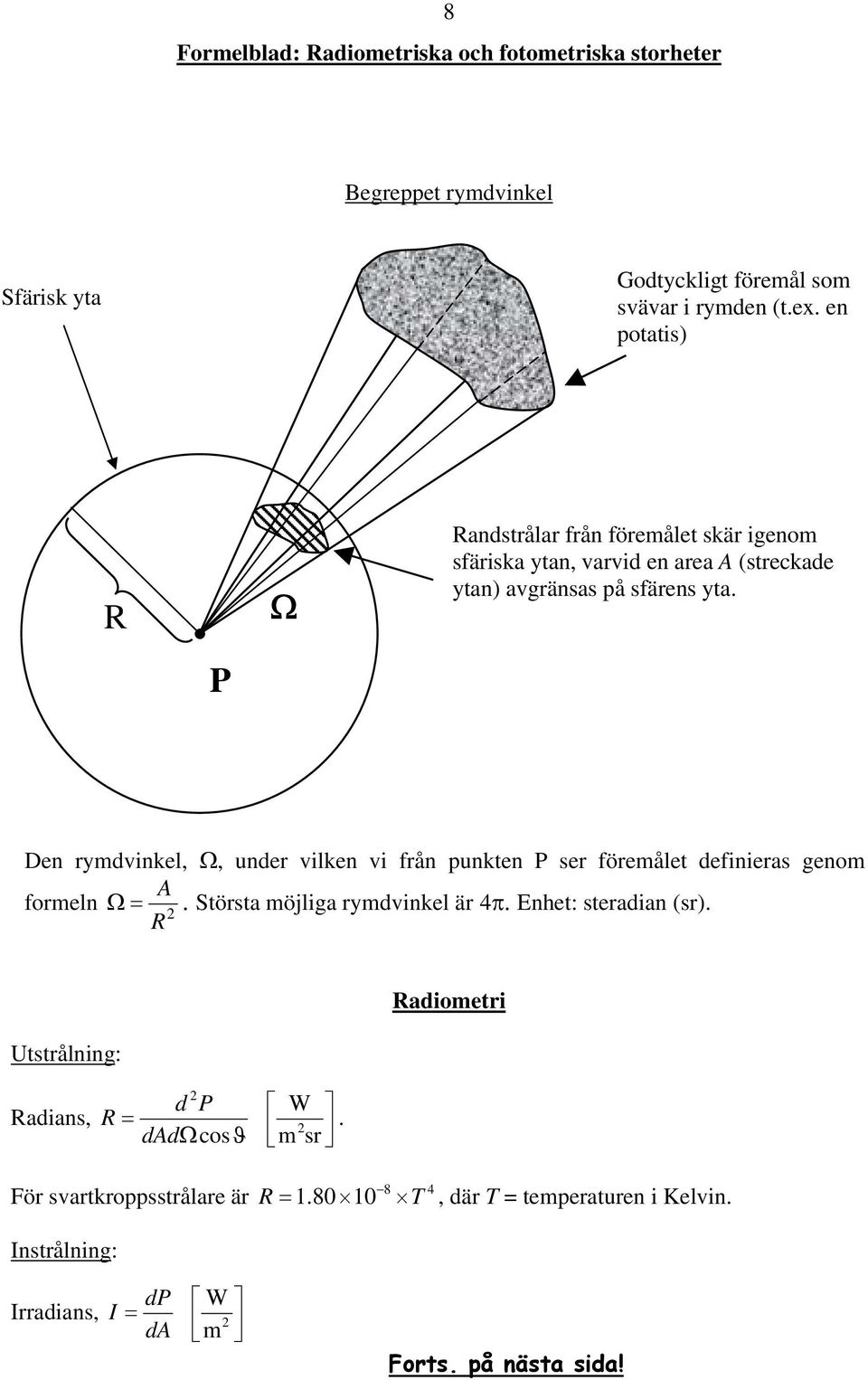 Den rymdvinkel,, under vilken vi från punkten P ser föremålet definieras genom A formeln. Största möjliga rymdvinkel är 4. Enhet: steradian (sr).