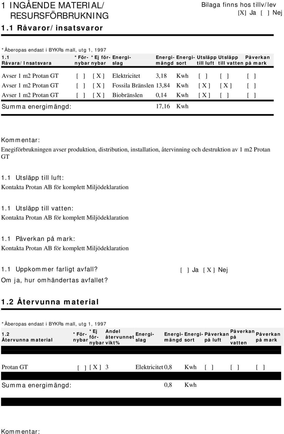 [ ] [ ] Avser 1 m2 Protan GT [ ] [ X ] Fossila Bränslen 13,84 Kwh [ X ] [ X ] [ ] Avser 1 m2 Protan GT [ ] [ X ] Biobränslen 0,14 Kwh [ X ] [ ] [ ] Summa energimängd: 17,16 Kwh Enegiförbrukningen