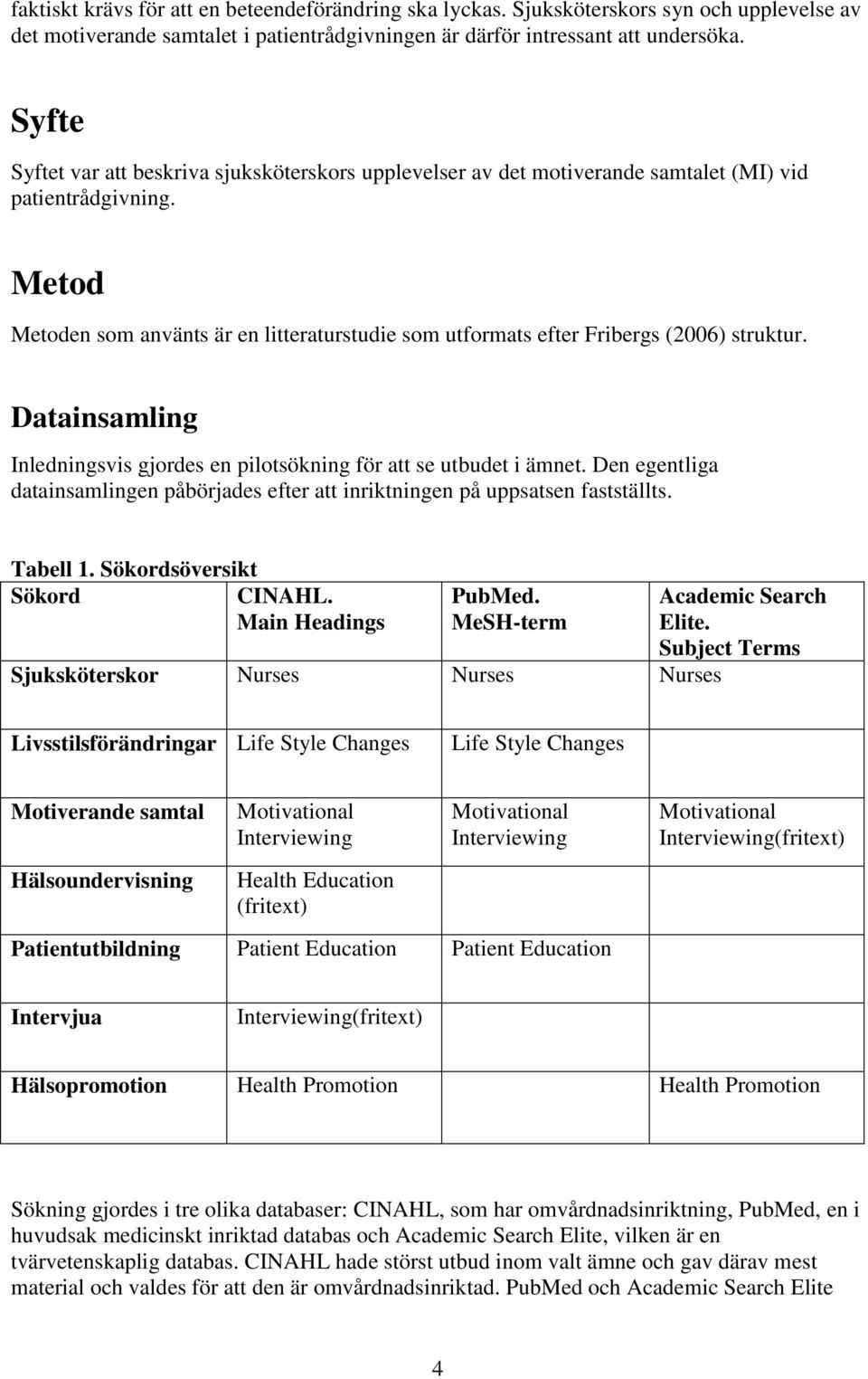 Metod Metoden som använts är en litteraturstudie som utformats efter Fribergs (2006) struktur. Datainsamling Inledningsvis gjordes en pilotsökning för att se utbudet i ämnet.