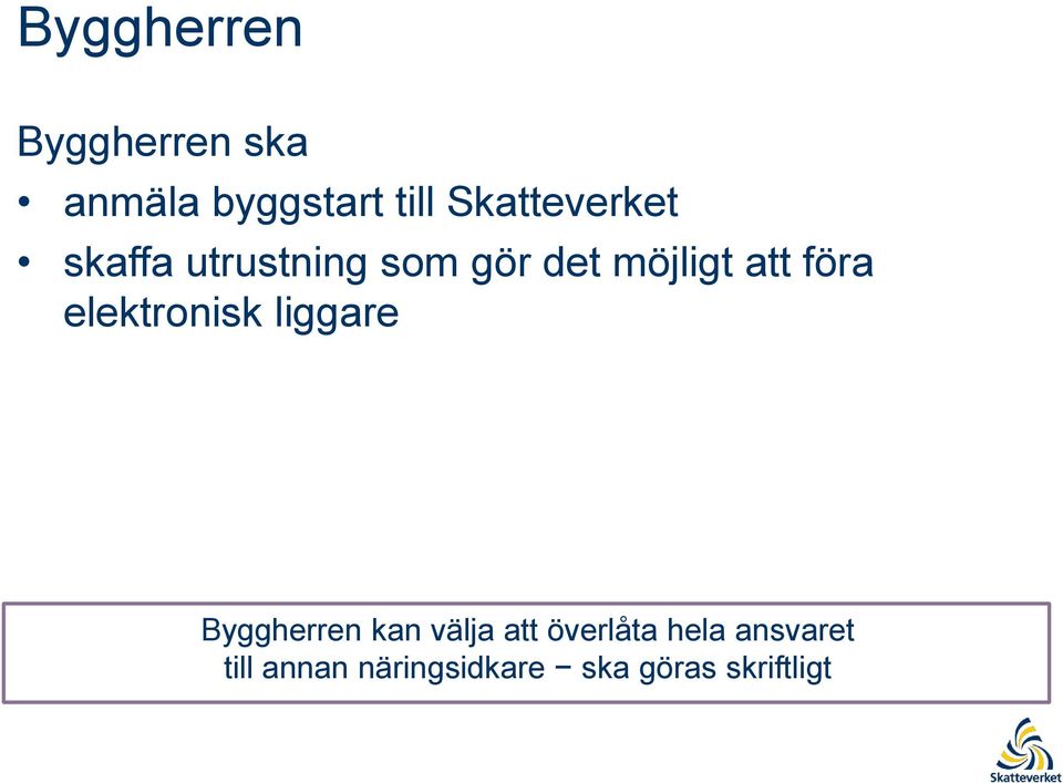 föra elektronisk liggare Byggherren kan välja att