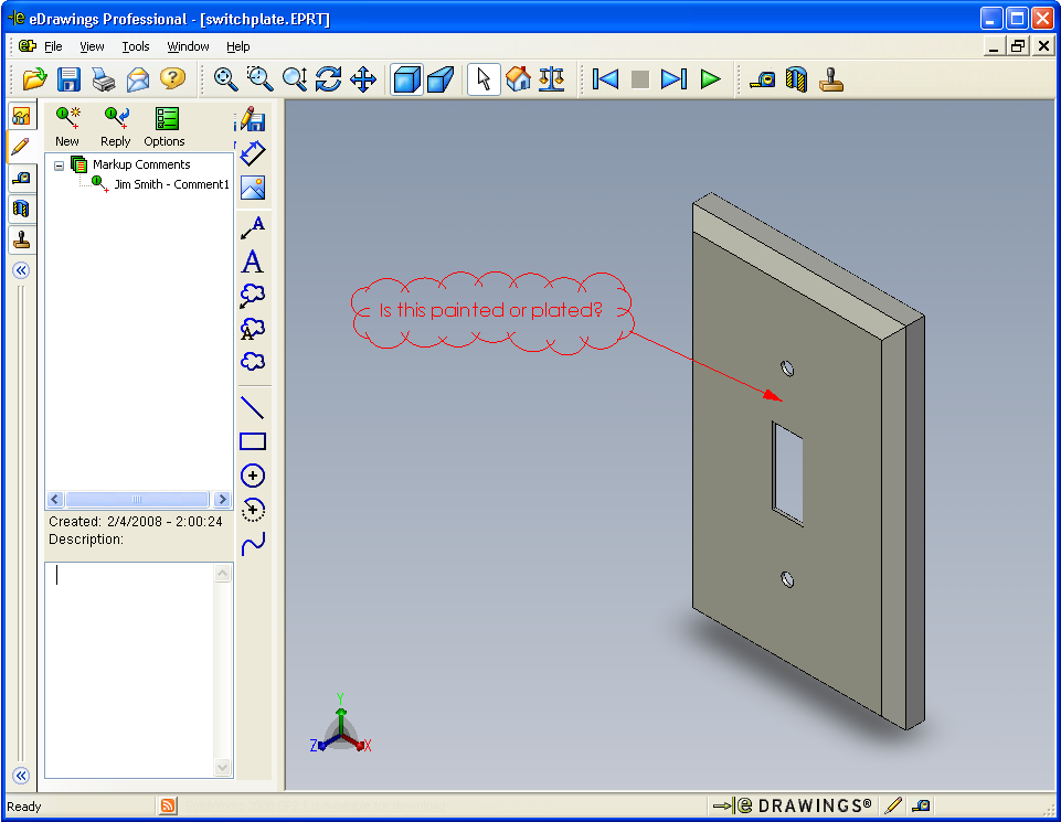 Lektion 7: Grundläggande information om SolidWorks edrawings Märkning och mätning Du kan märka upp edrawings med verktyg från verktygsfältet Markup.