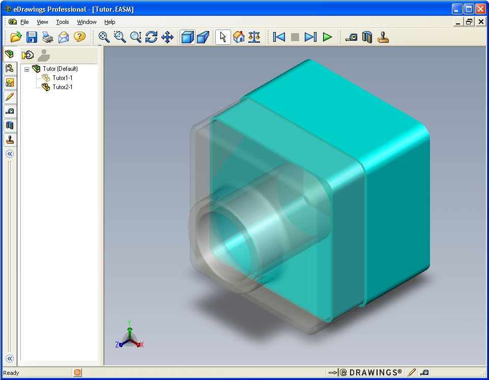 Lektion 7: Grundläggande information om SolidWorks edrawings 6 I panelen Components (Komponenter) högerklickar du på Tutor1-1 och väljer Make Transparent (Gör transparent) på snabbmenyn.