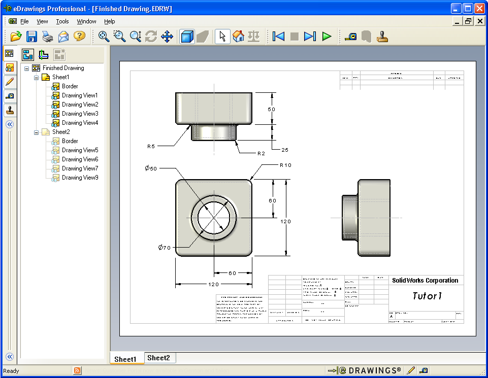 Lektion 7: Grundläggande information om SolidWorks edrawings Skapa edrawings av ritningar 1 Öppna den ritning du skapade i lektion 6. Den består av två underlag. Underlag 1 innehåller Tutor1.