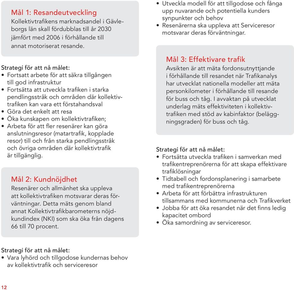 förstahandsval Göra det enkelt att resa Öka kunskapen om kollektivtrafiken; Arbeta för att fler resenärer kan göra anslutningsresor (matartrafik, kopplade resor) till och från starka pendlingsstråk