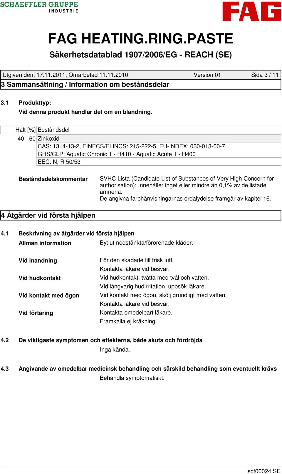 SVHC Lista (Candidate List of Substances of Very High Concern for authorisation): Innehåller inget eller mindre än 0,1% av de listade ämnena.