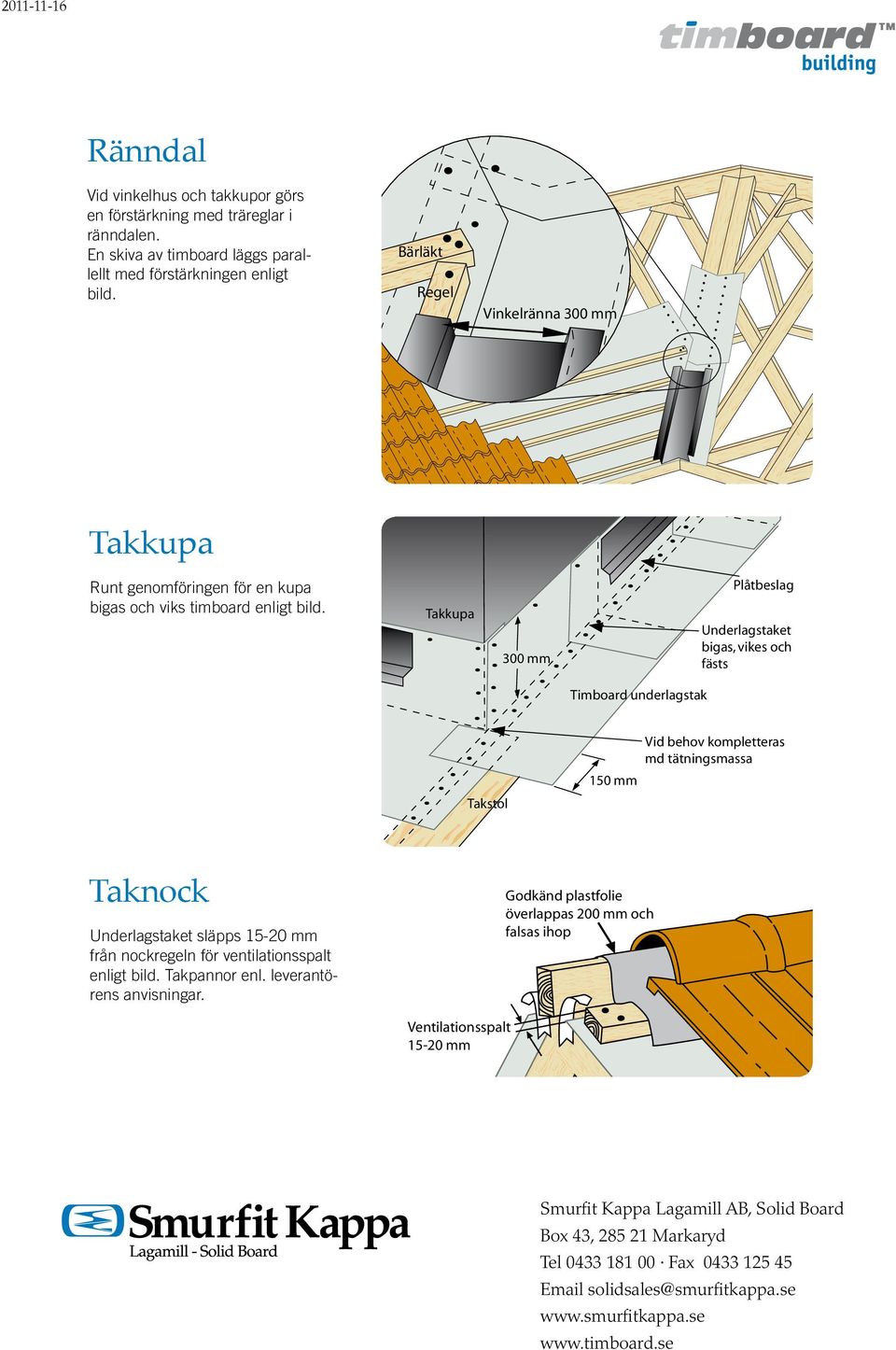 Taknock Underlagstaket släpps 15-20 mm från nockregeln för ventilationsspalt enligt bild. Takpannor enl. leverantörens anvisningar.