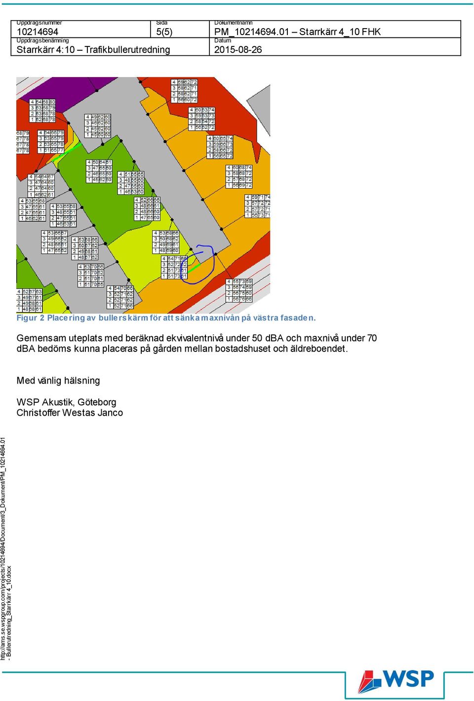 01 Starrkärr 4_10 FHK Uppdragsbenämning Datum Trafikbullerutredning 2015-08-26 Figur 2 Placering av bullerskärm för att sänka maxnivån på västra fasaden.