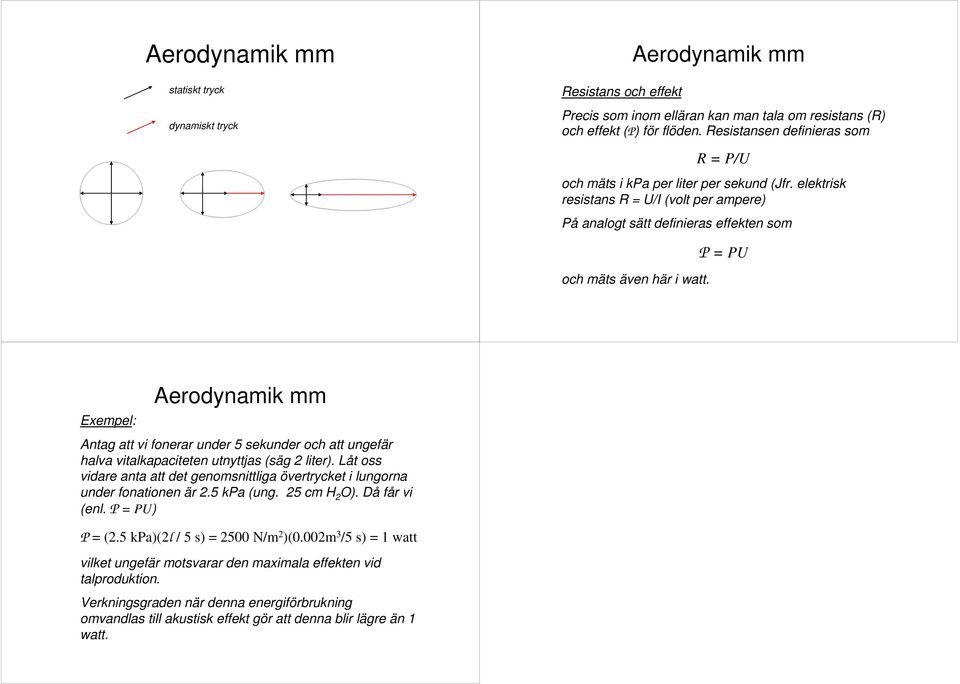 P = PU Exempel: Antag att vi fonerar under 5 sekunder och att ungefär halva vitalkapaciteten utnyttjas (säg 2 liter).