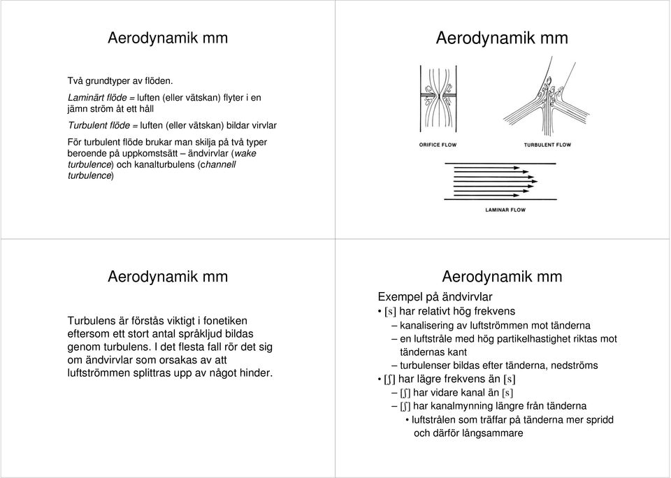 uppkomstsätt ändvirvlar (wake turbulence) och kanalturbulens (channell turbulence) Turbulens är förstås viktigt i fonetiken eftersom ett stort antal språkljud bildas genom turbulens.