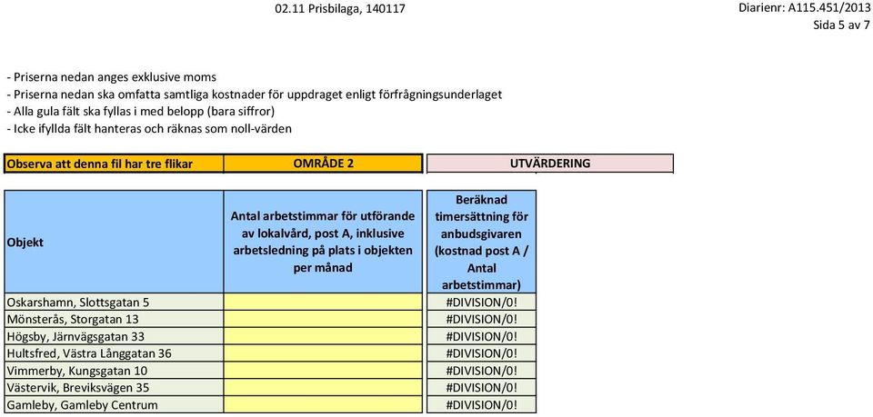 Centrum OMRÅDE 2 Antal arbetstimmar för utförande av lokalvård, post A, inklusive arbetsledning på