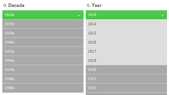 3 Interagera med visualiseringar Men om du väljer något av de möjliga värdena i filterrutan Year, blir alla värdena i Decade, som tidigare var alternativa, uteslutna.