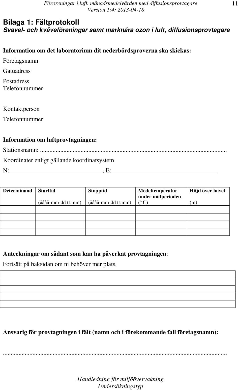 .. Koordinater enligt gällande koordinatsystem N:, E: Determinand Starttid (åååå-mm-dd tt:mm) Stopptid (åååå-mm-dd tt:mm) Medeltemperatur under mätperioden (º C)