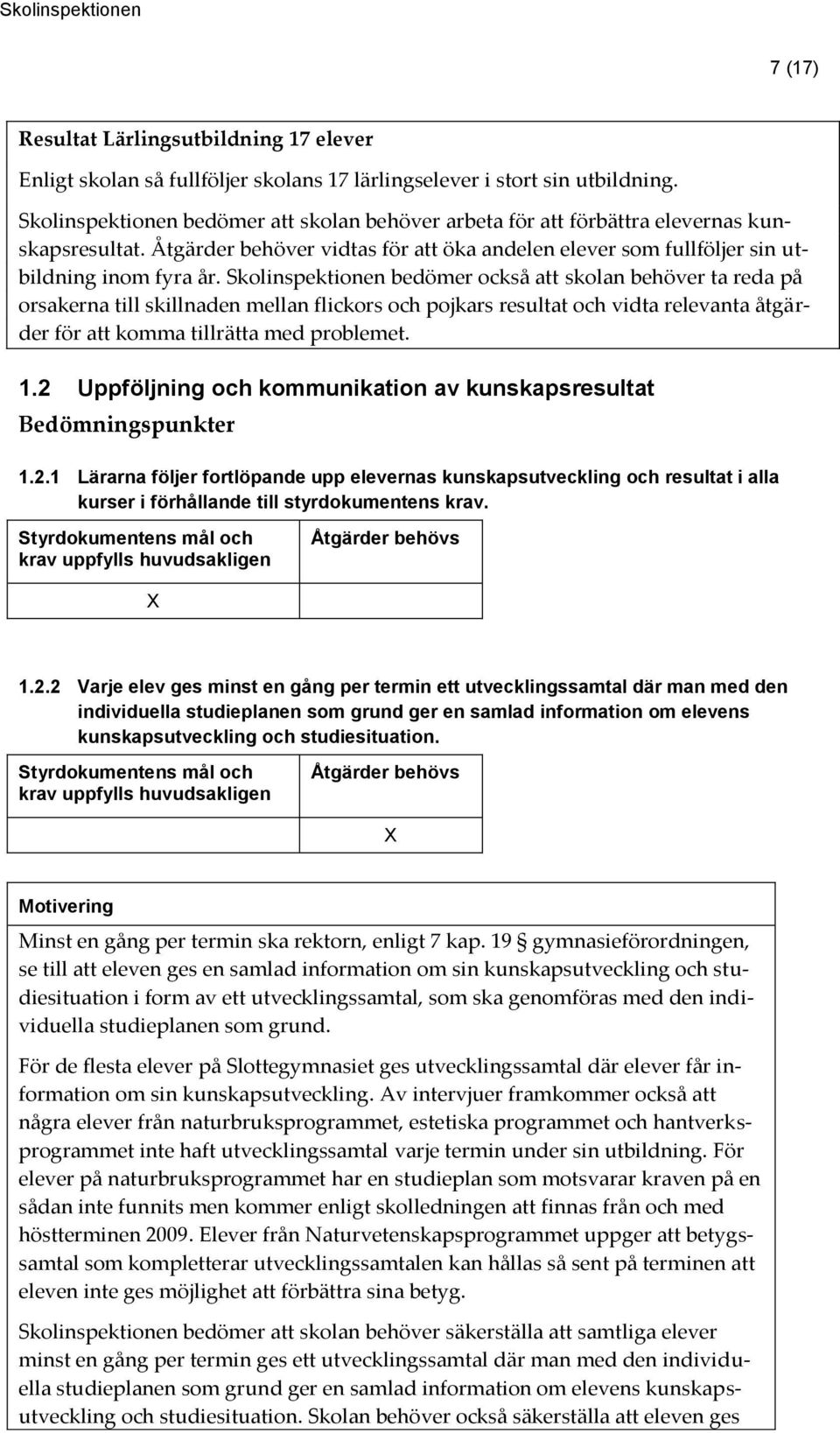 Skolinspektionen bedömer också att skolan behöver ta reda på orsakerna till skillnaden mellan flickors och pojkars resultat och vidta relevanta åtgärder för att komma tillrätta med problemet. 1.