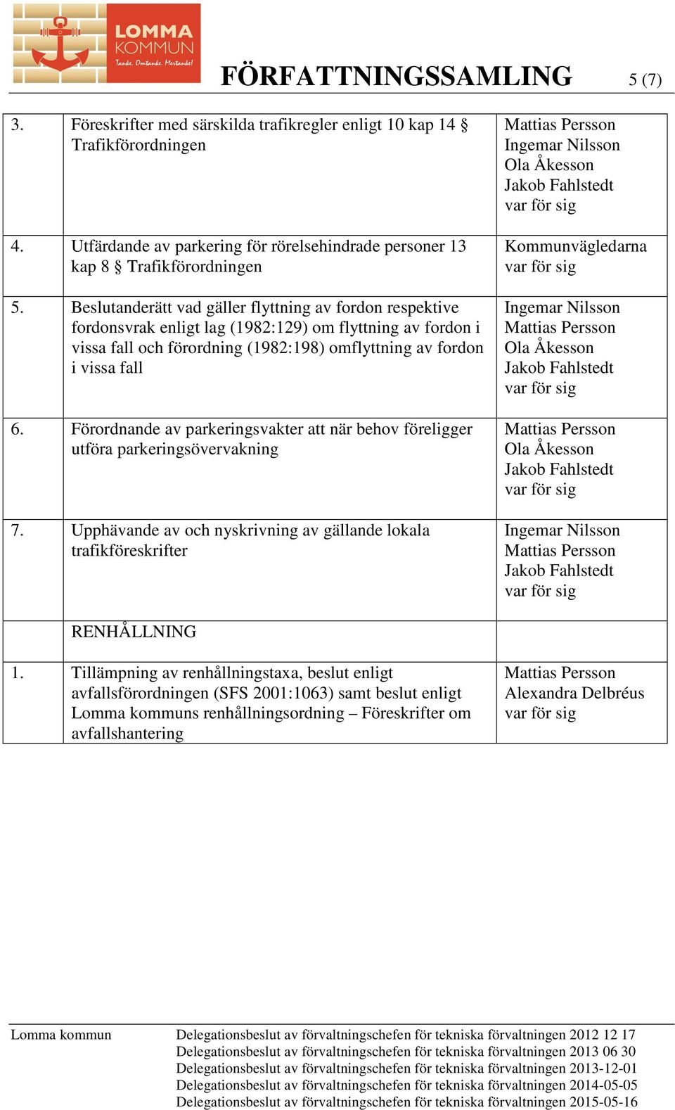 Beslutanderätt vad gäller flyttning av fordon respektive fordonsvrak enligt lag (1982:129) om flyttning av fordon i vissa fall och förordning (1982:198) omflyttning av fordon i vissa fall 6.