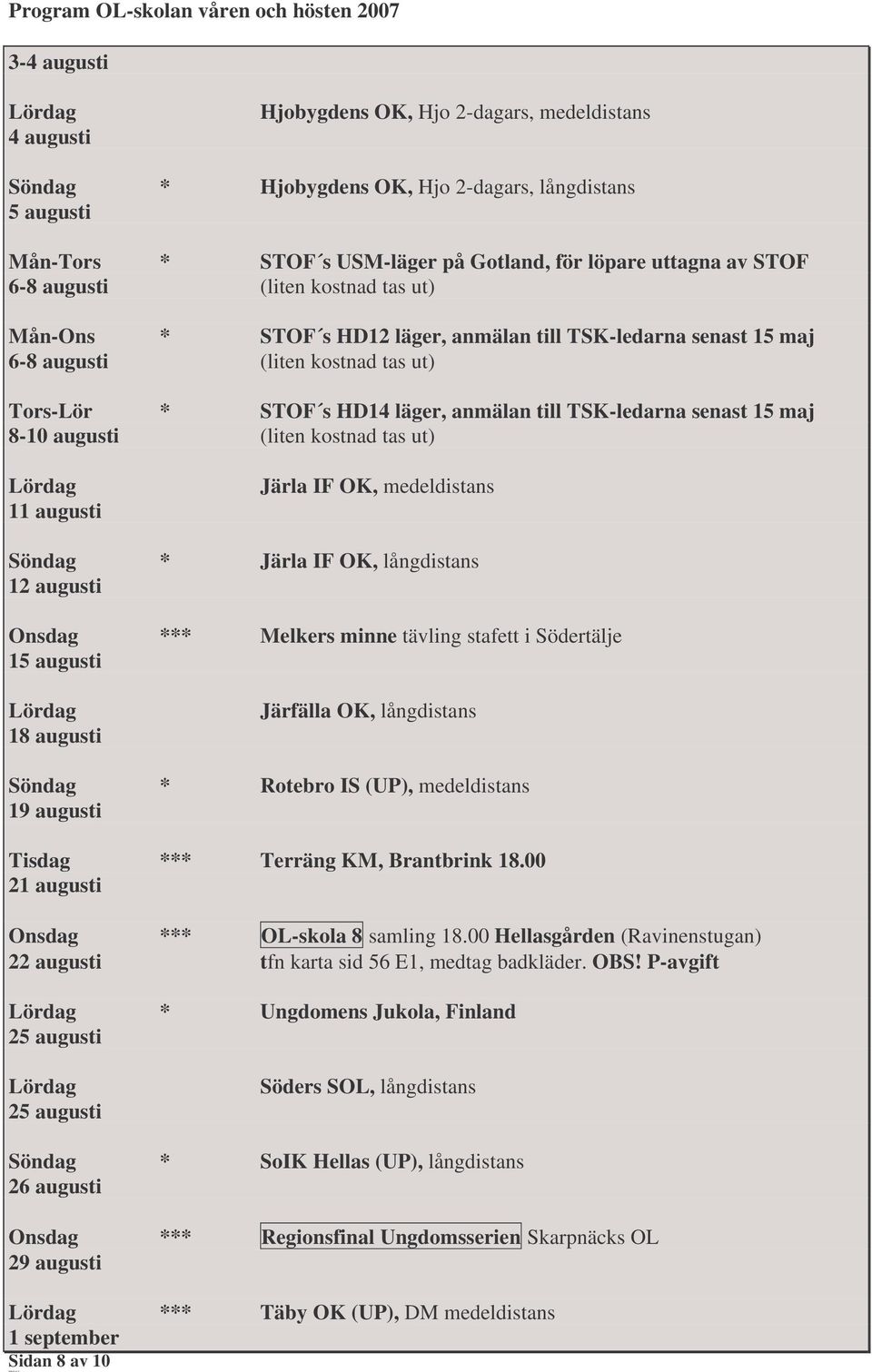 augusti (liten kostnad tas ut) 11 augusti Järla IF OK, medeldistans * Järla IF OK, långdistans 12 augusti Onsdag *** Melkers minne tävling stafett i Södertälje 15 augusti 18 augusti Järfälla OK,